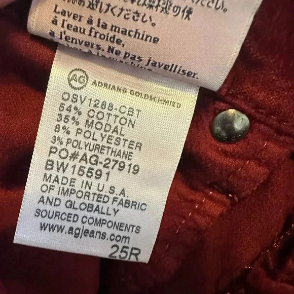 AG Adriano Goldschmied The Legging Super Skinny Burgundy Velvet Jeans size 25R - Picture 8 of 8